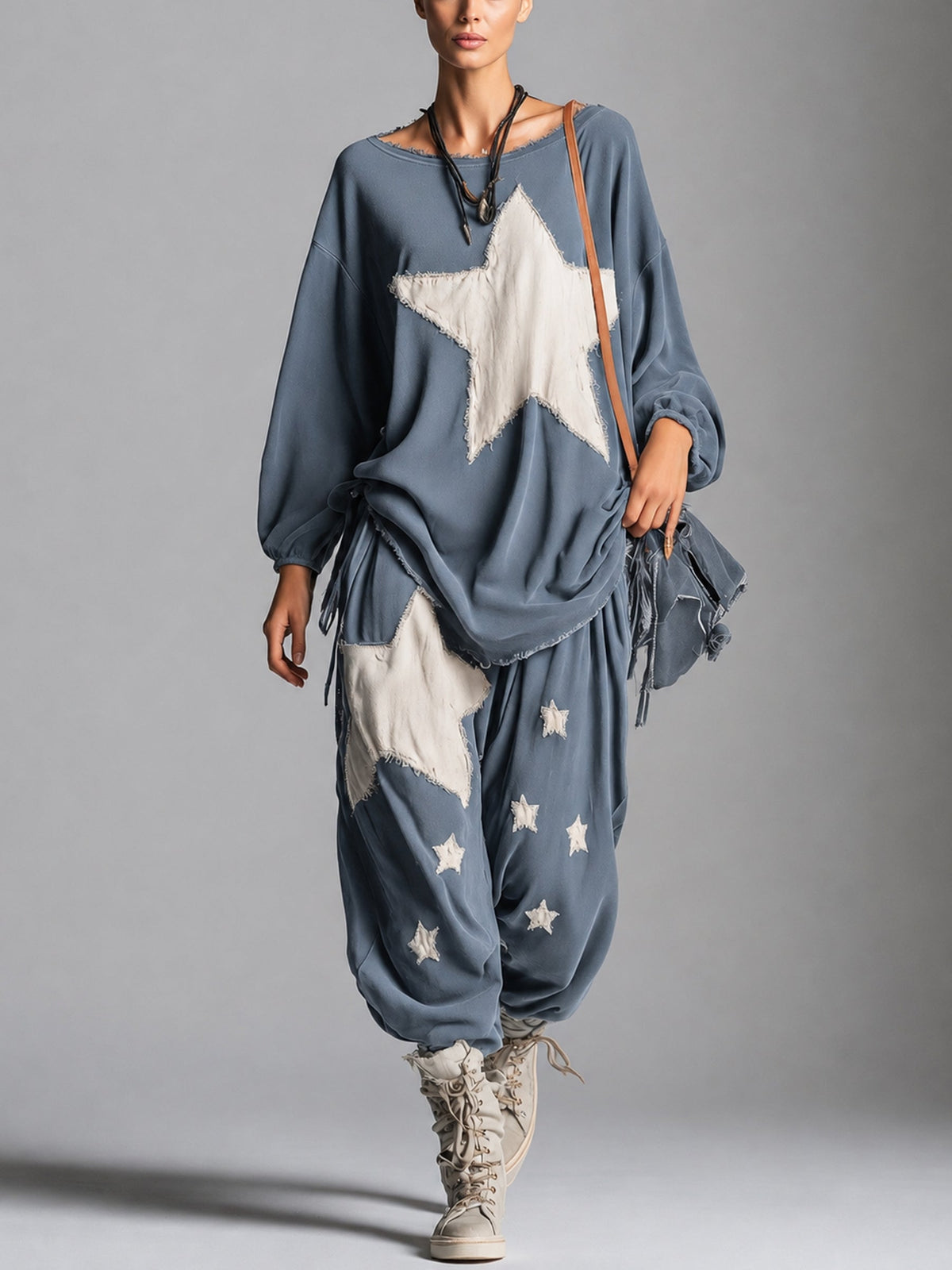 Women's Oversized Star Patch Sweatshirt Jogger Set - color alternativo 4