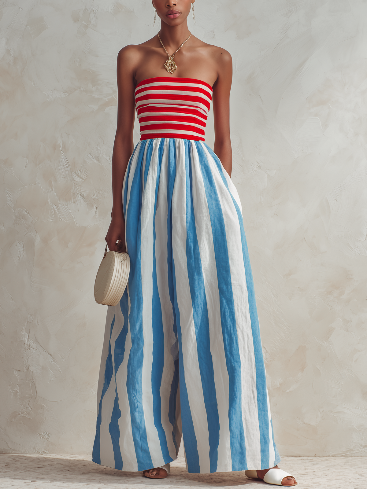 Red White Striped Top with Blue White Jumpsuit - vista frontal