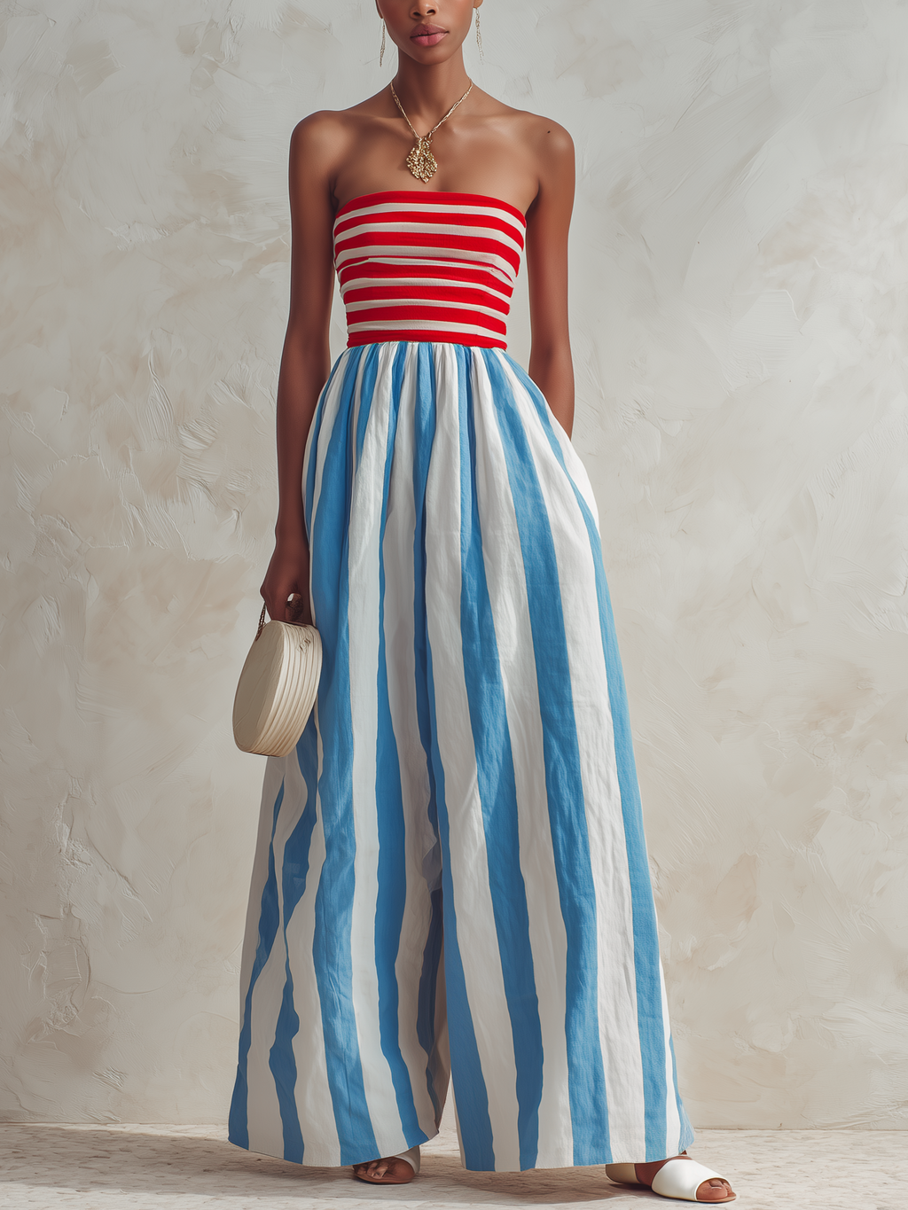 Red White Striped Top with Blue White Jumpsuit - vista frontal