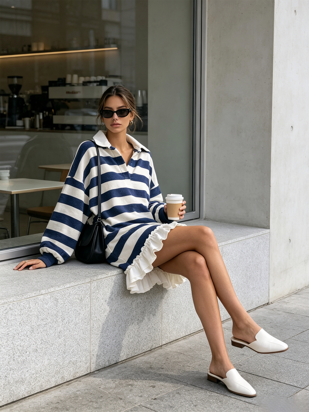 Navy White Striped Polo Collar Ruffle Hem Mini Dress - vista 3