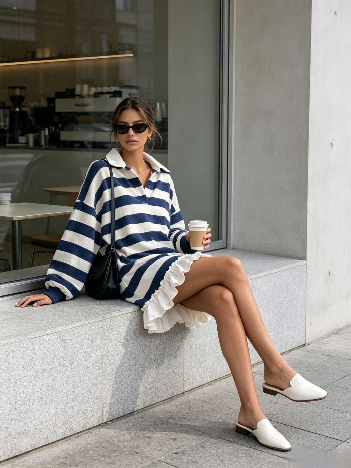 Navy White Striped Polo Collar Ruffle Hem Mini Dress - vista 3