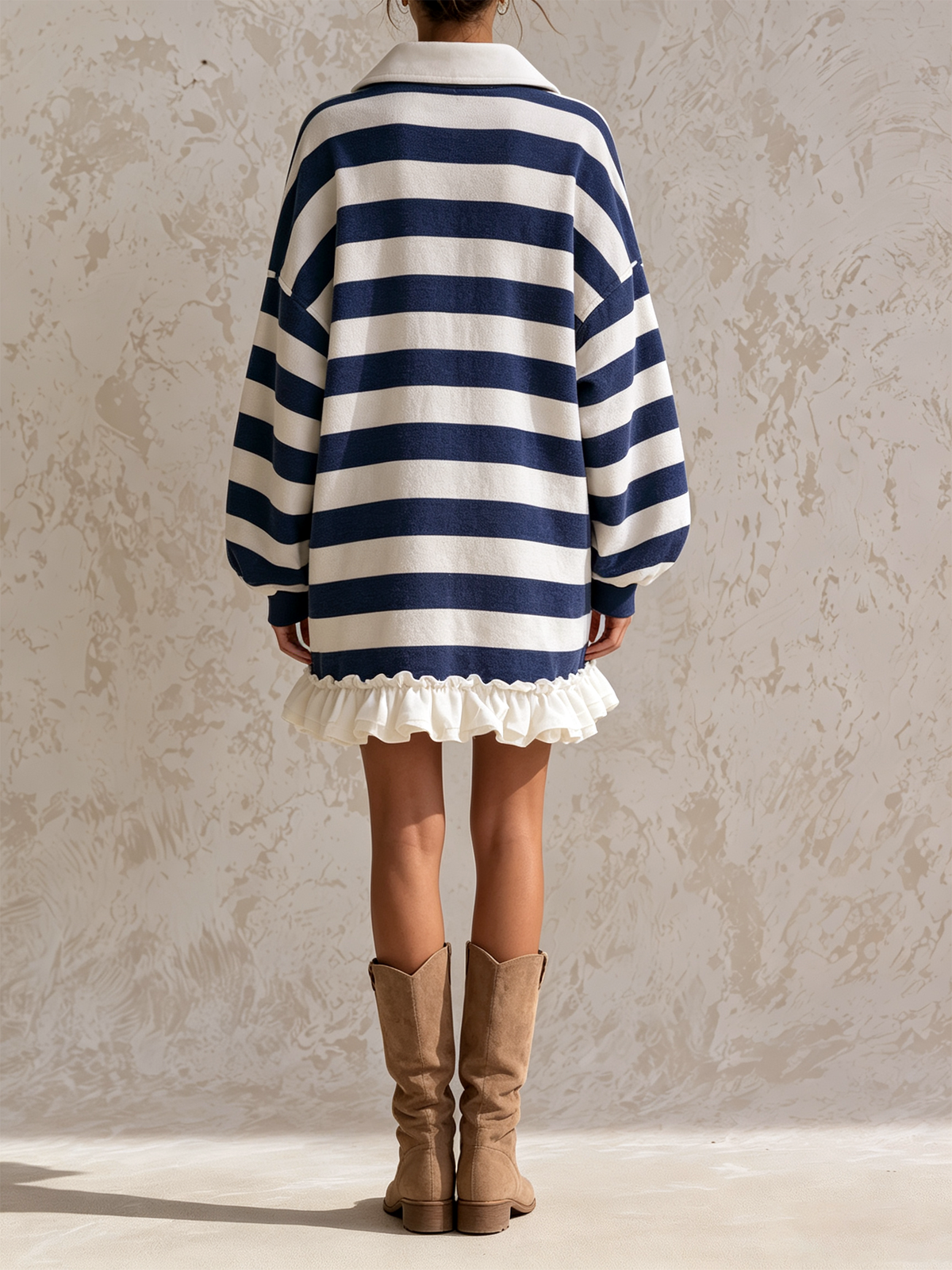 Navy White Striped Polo Collar Ruffle Hem Mini Dress - vista 4