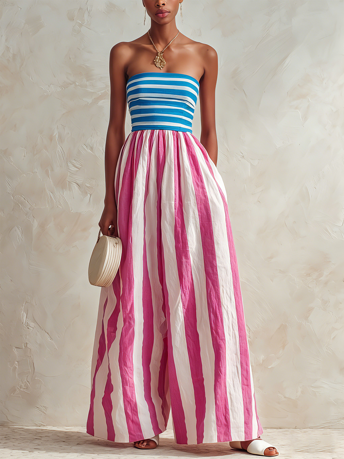 Red White Striped Top with Blue White Jumpsuit - vista 3
