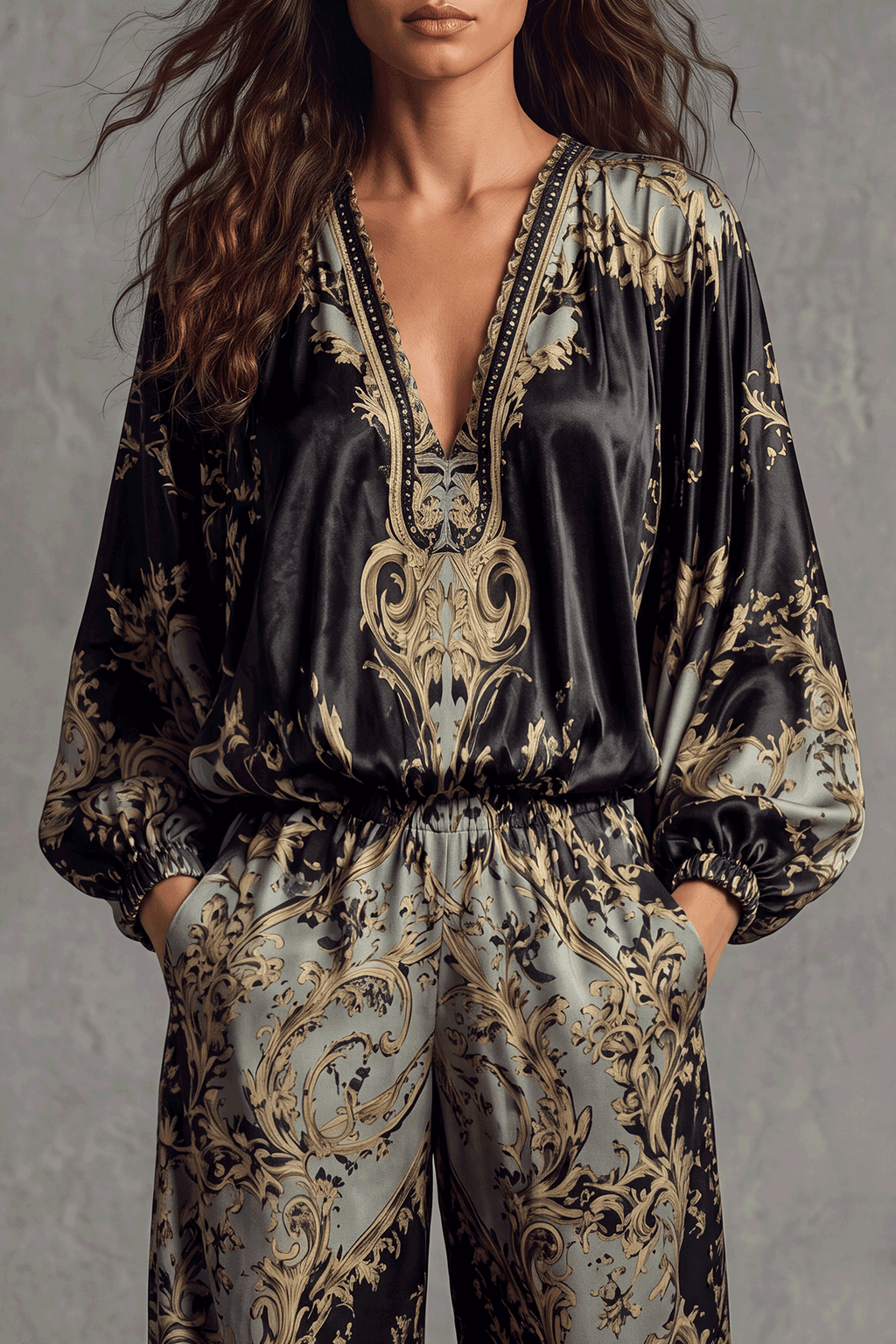 Elara — Conjunto pantón floral escote pico, detalle
