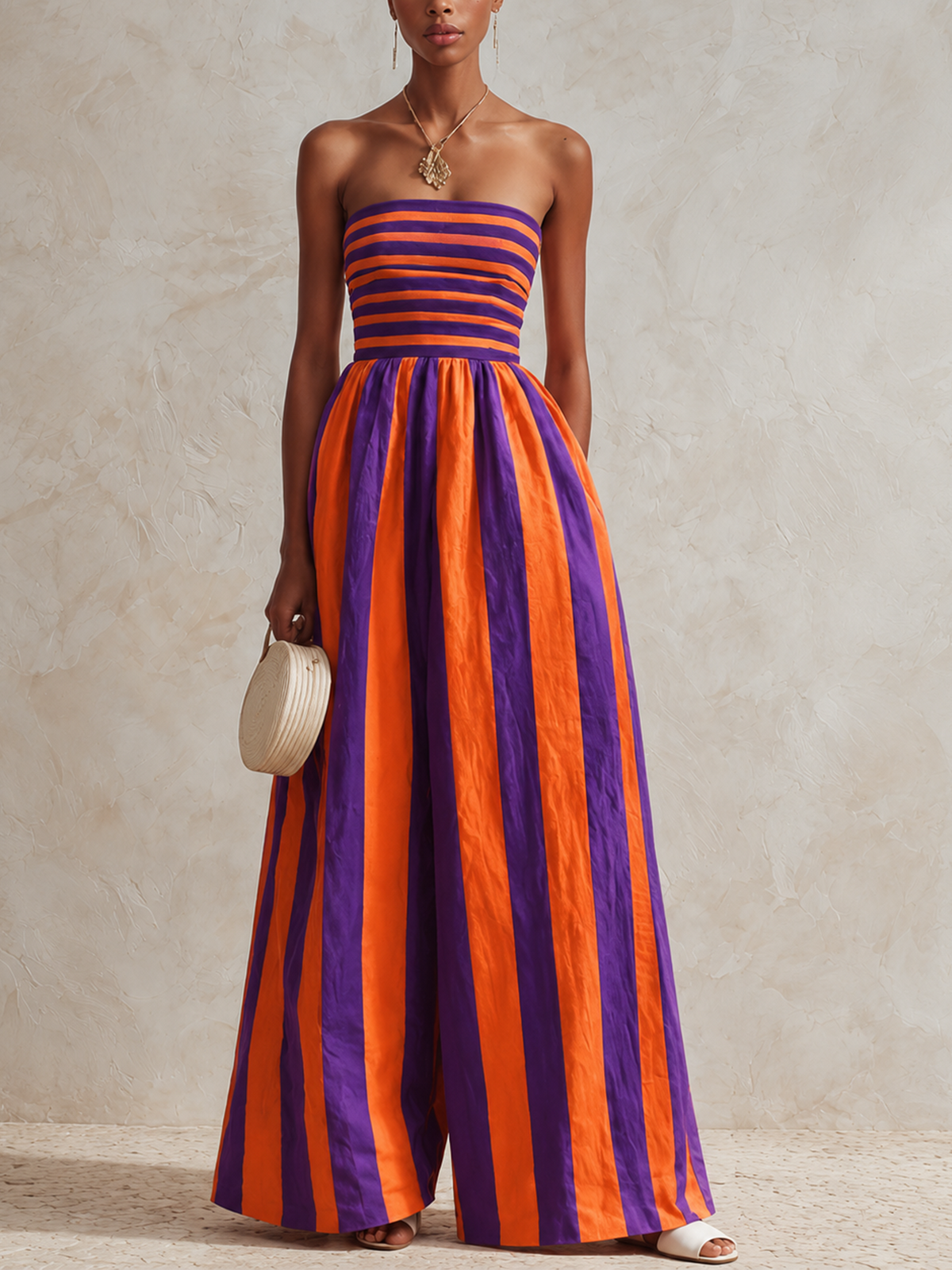 Red White Striped Top with Blue White Jumpsuit - vista 2