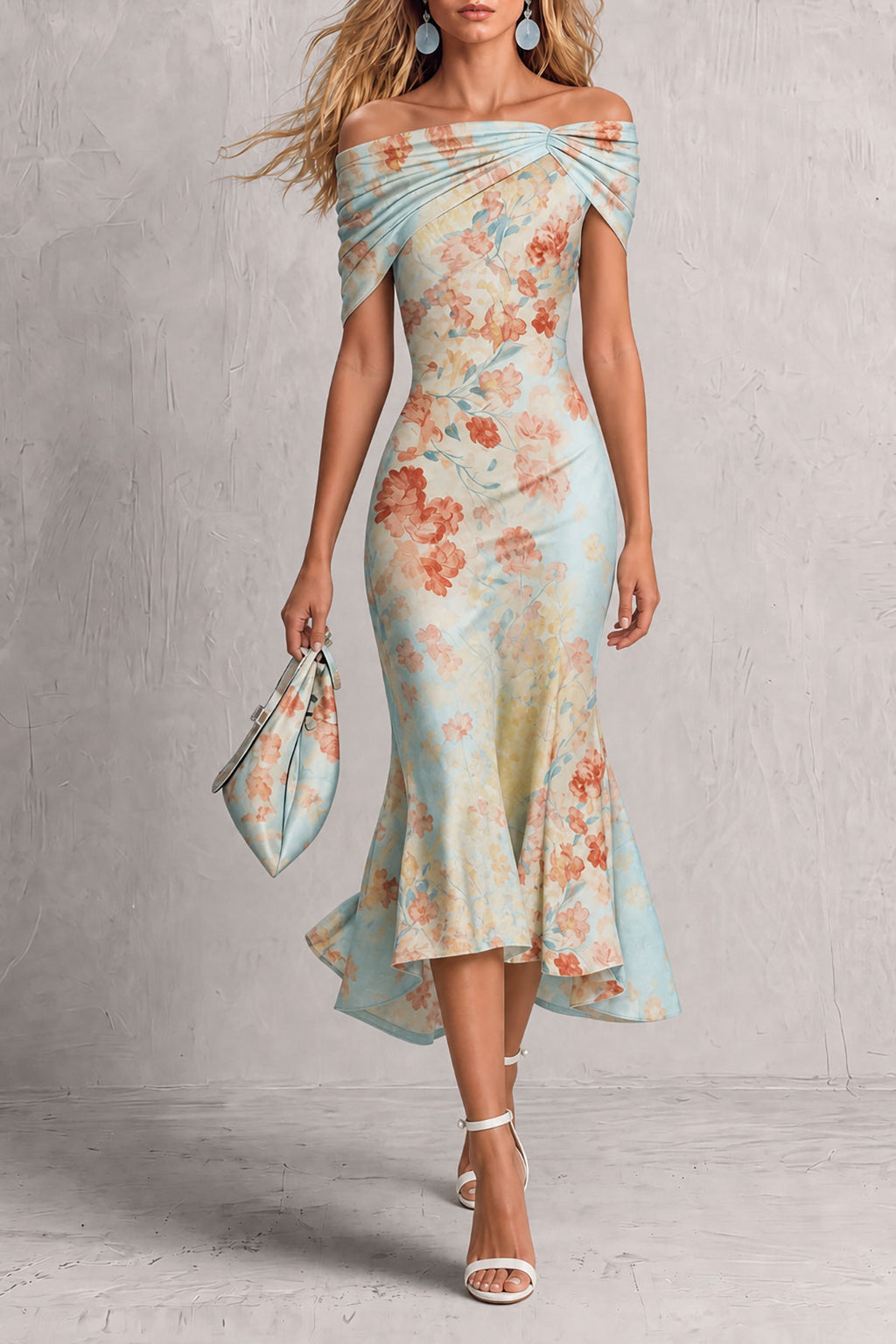 Iris — Vestido midi hombros descubiertos floral con volantes, vista frontal