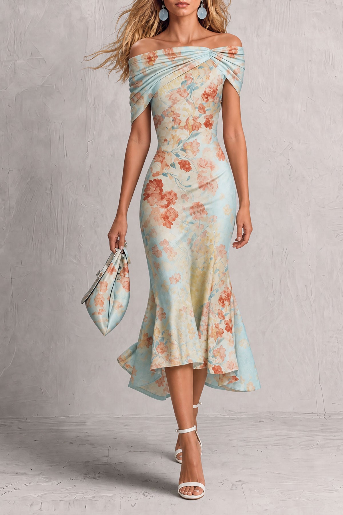 Iris — Vestido midi hombros descubiertos floral con volantes, vista frontal