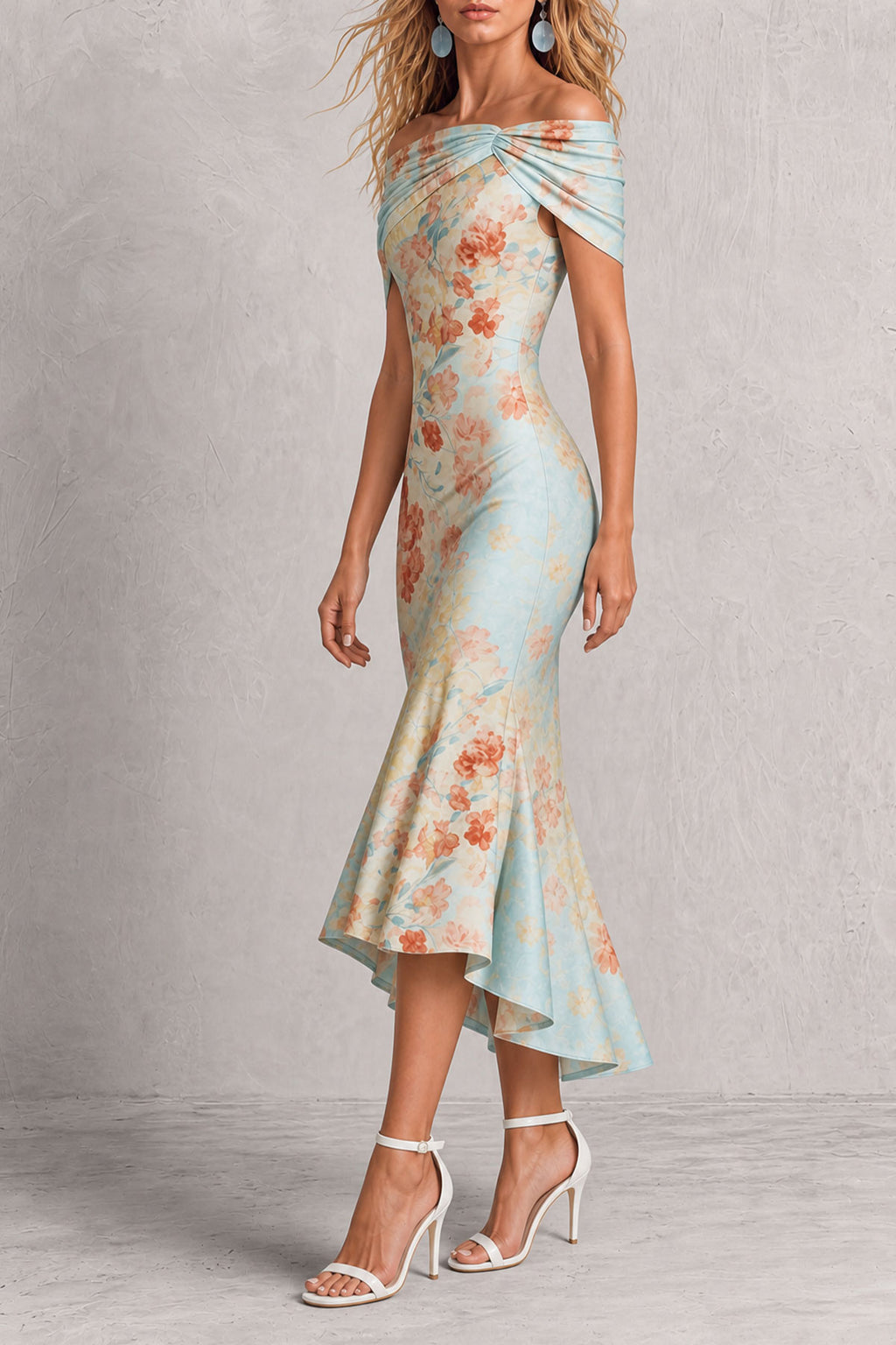 Iris — Vestido midi hombros descubiertos floral con volantes, vista lateral