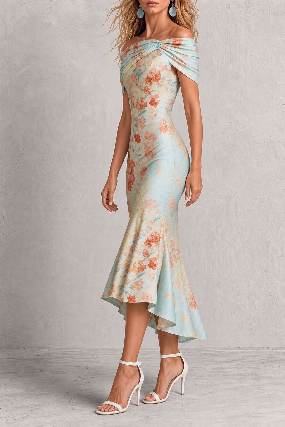 Iris — Vestido midi hombros descubiertos floral con volantes, vista lateral