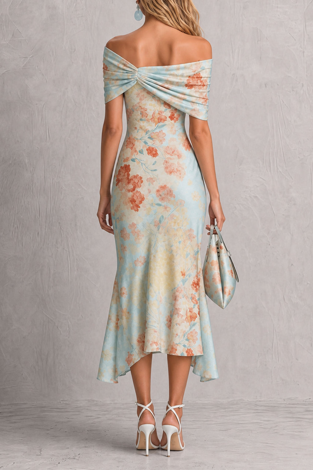 Iris — Vestido midi hombros descubiertos floral con volantes, espalda