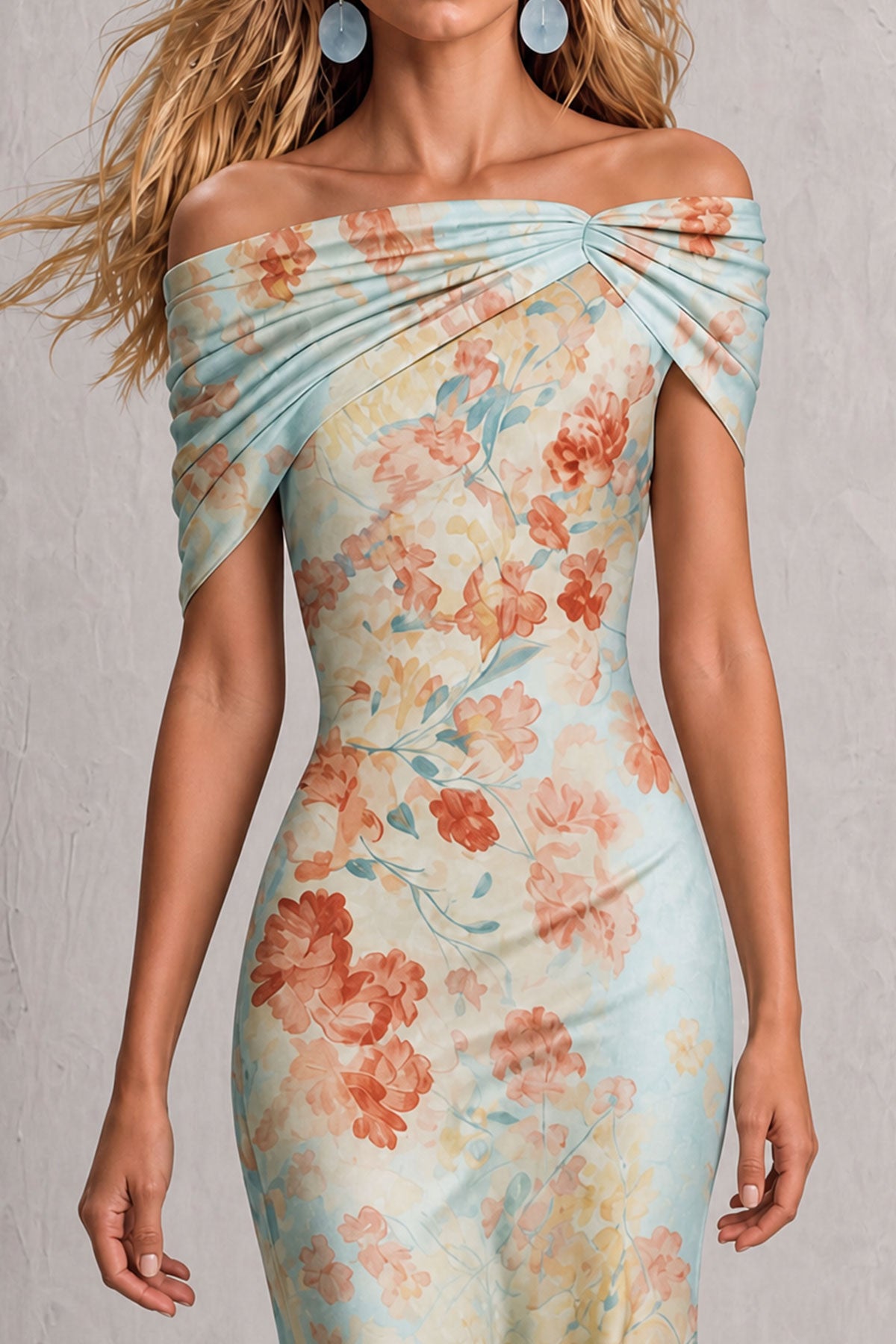 Iris — Vestido midi hombros descubiertos floral con volantes, detalle