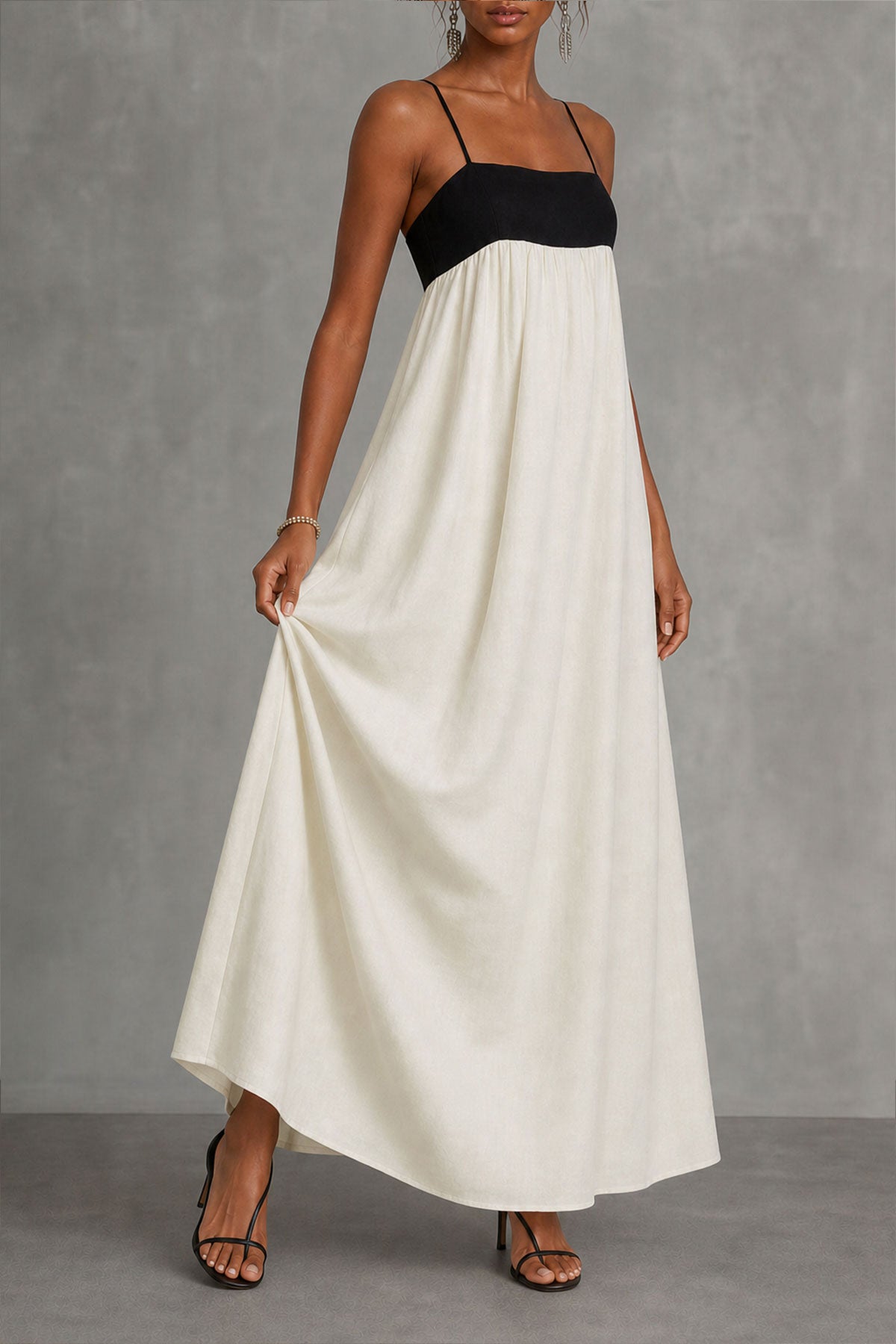 Diana — Vestido maxi cuello cuadrado tirantes finos, vista lateral