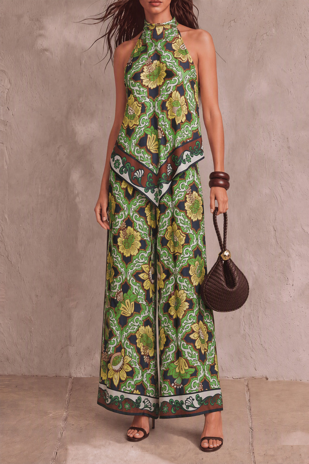 Nadia — Conjunto pantón floral cuello halter, vista frontal