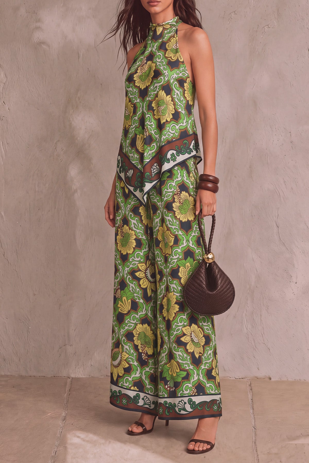 Nadia — Conjunto pantón floral cuello halter, vista lateral