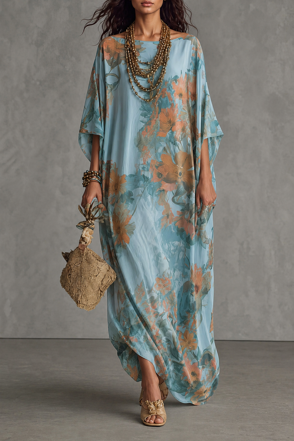 Aria — Vestido maxi manga murciélago estampado floral, vista frontal