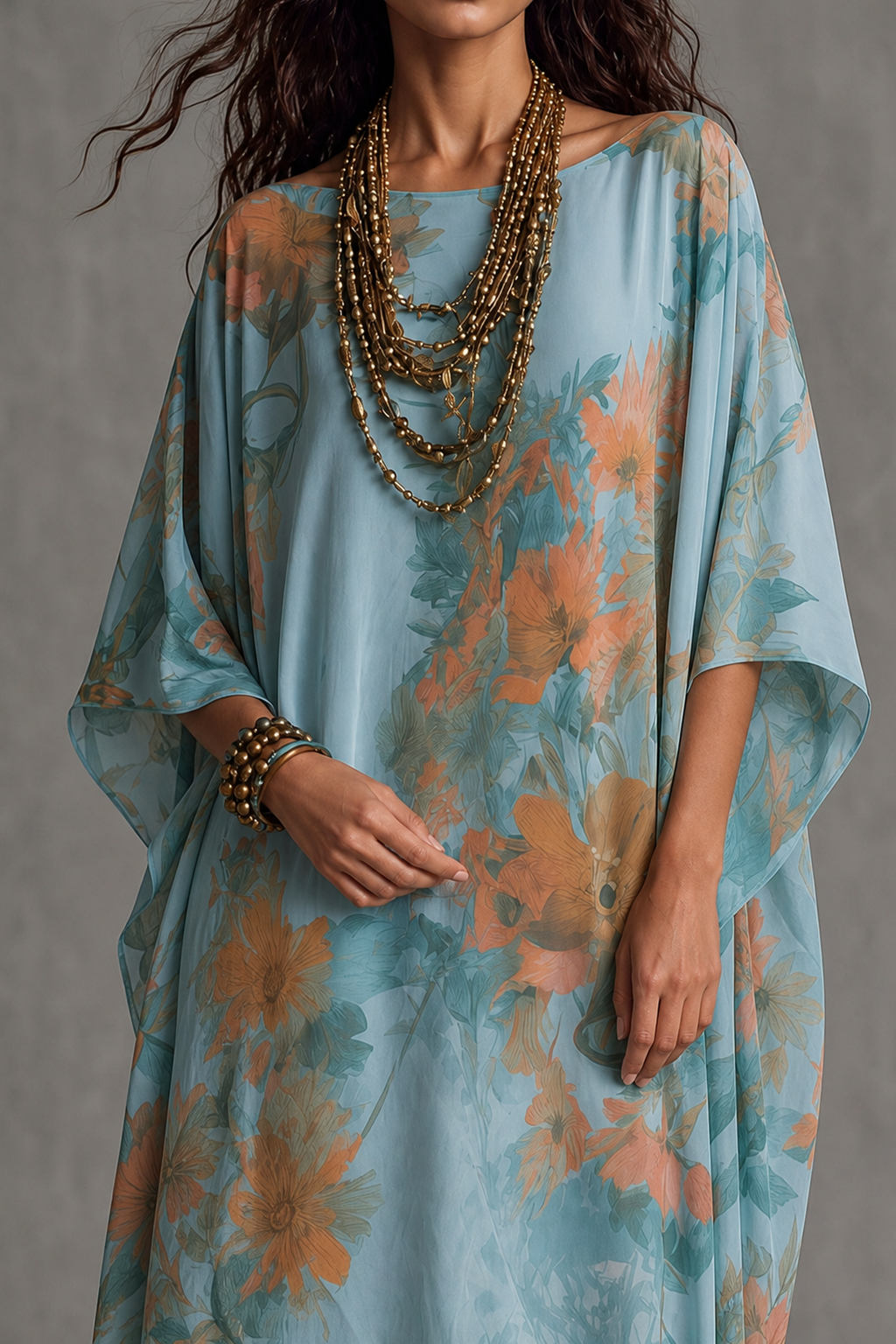Aria — Vestido maxi manga murciélago estampado floral, detalle