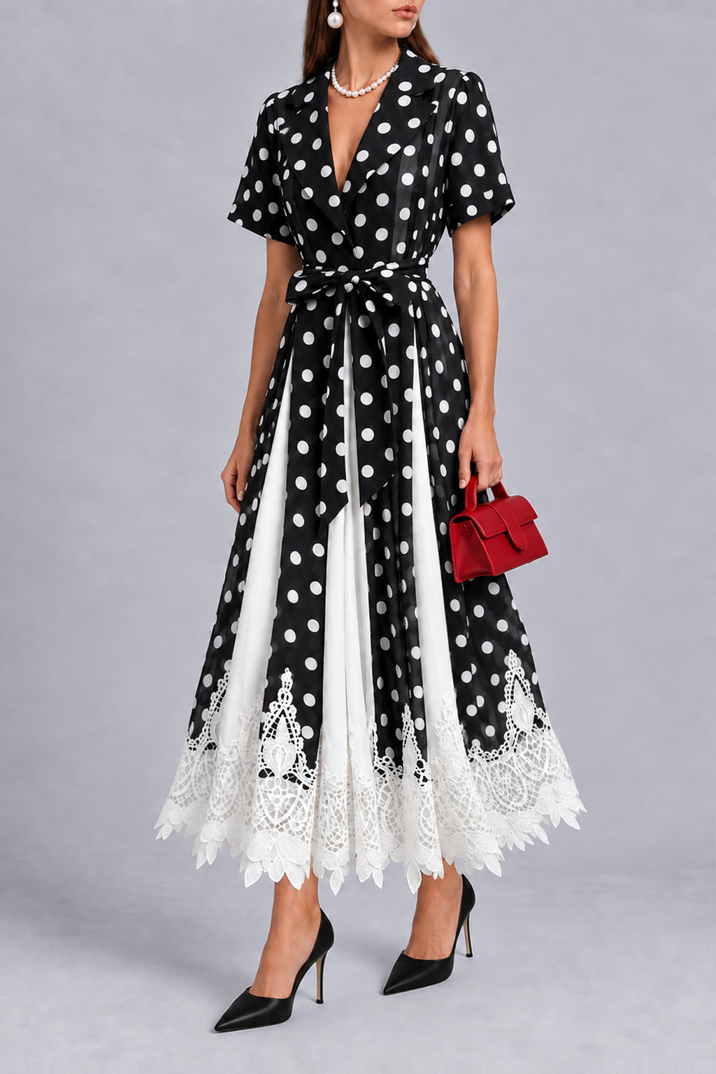 Simone — Vestido midi lunares encaje por capas, vista lateral