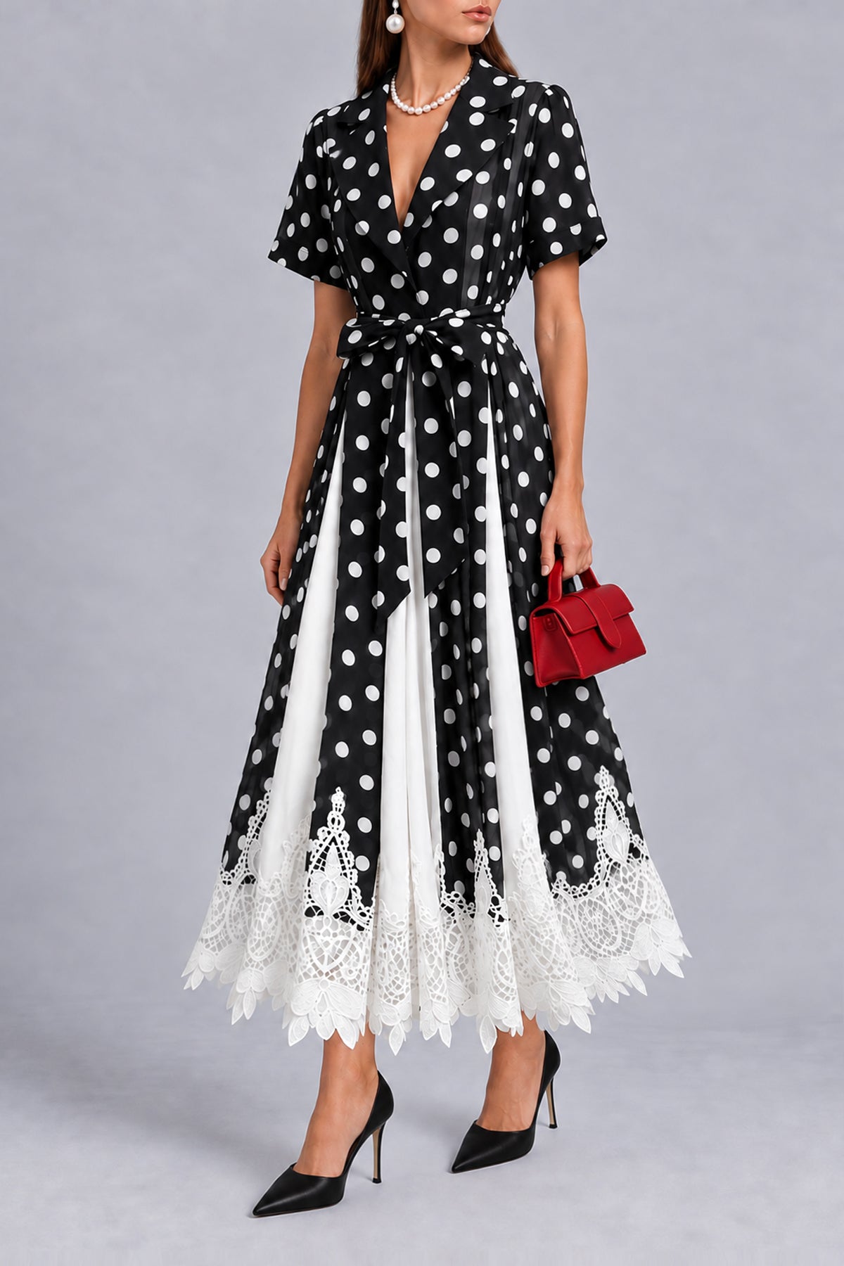 Simone — Vestido midi lunares encaje por capas, vista lateral