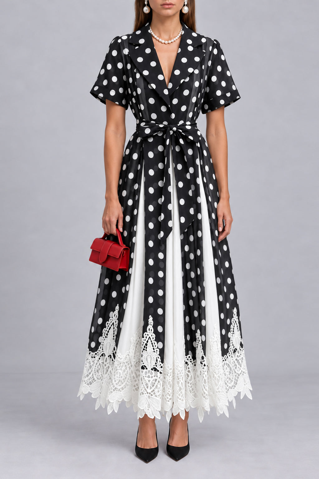 Simone — Vestido midi lunares encaje por capas, vista frontal
