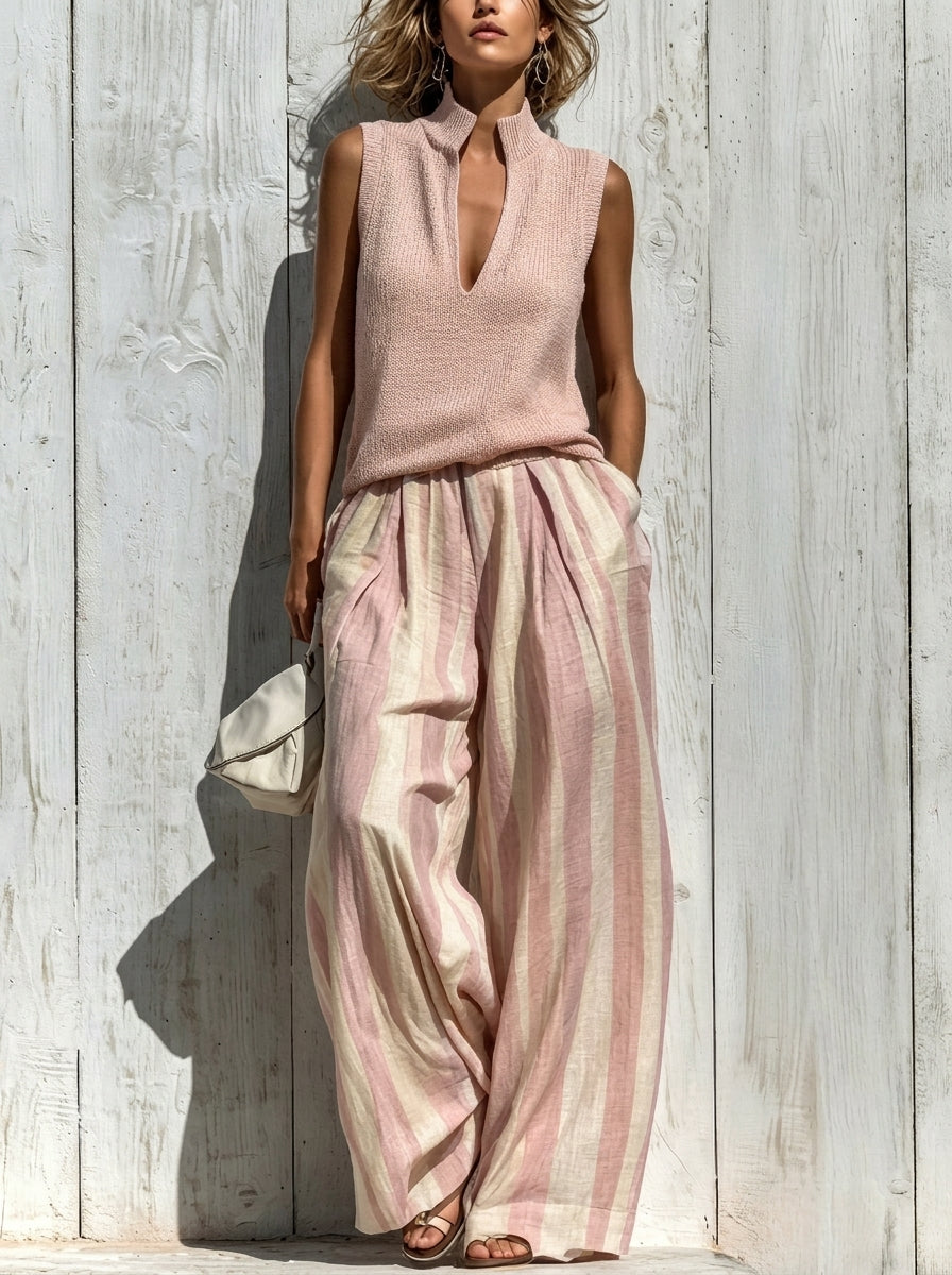 Conjunto top y pantalón de rayas - Rosa