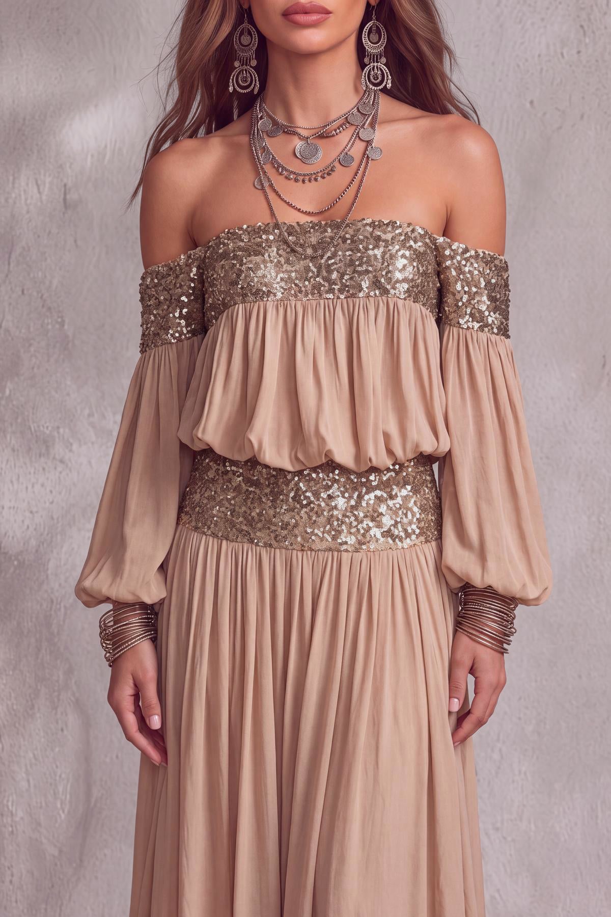 Selena — Conjunto pantón lentejuelas hombros descubiertos, detalle