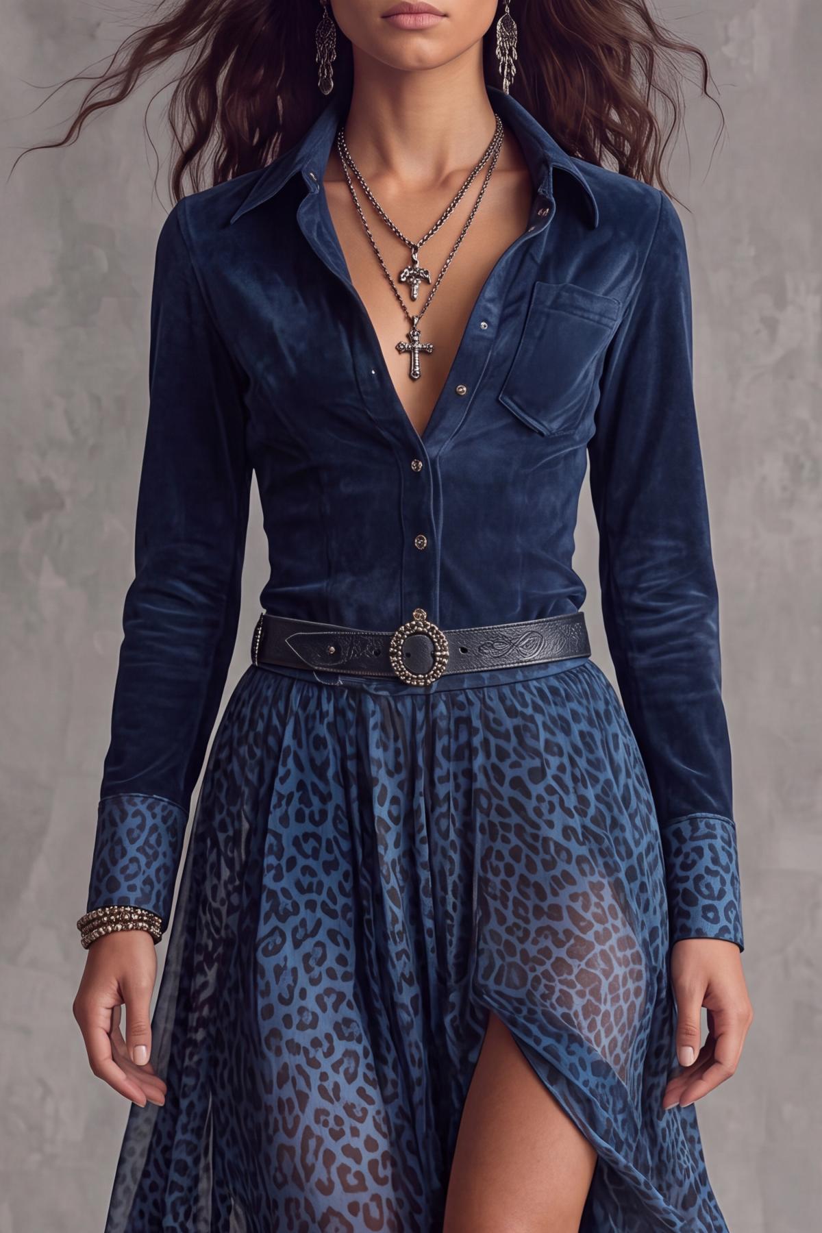 Ivy — Vestido maxi manga larga estampado leopardo, detalle