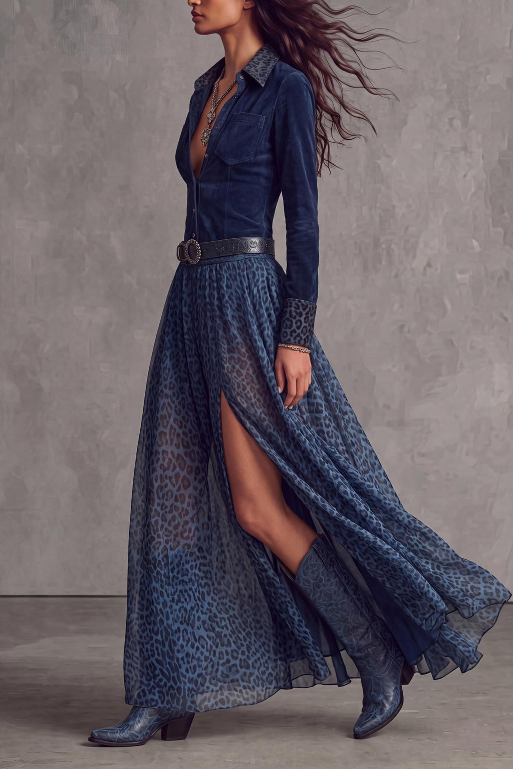 Ivy — Vestido maxi manga larga estampado leopardo, vista lateral