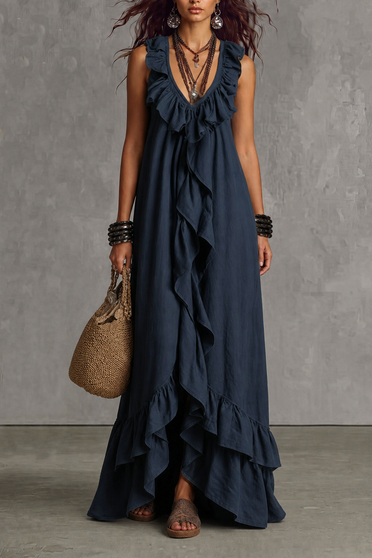 Nora — Vestido maxi escote pico con volantes, vista frontal