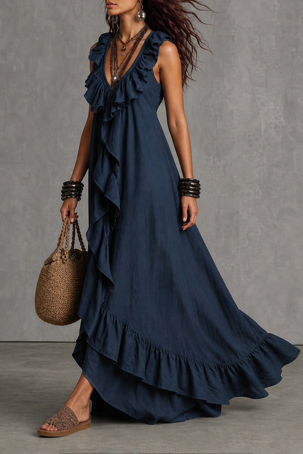 Nora — Vestido maxi escote pico con volantes, vista lateral