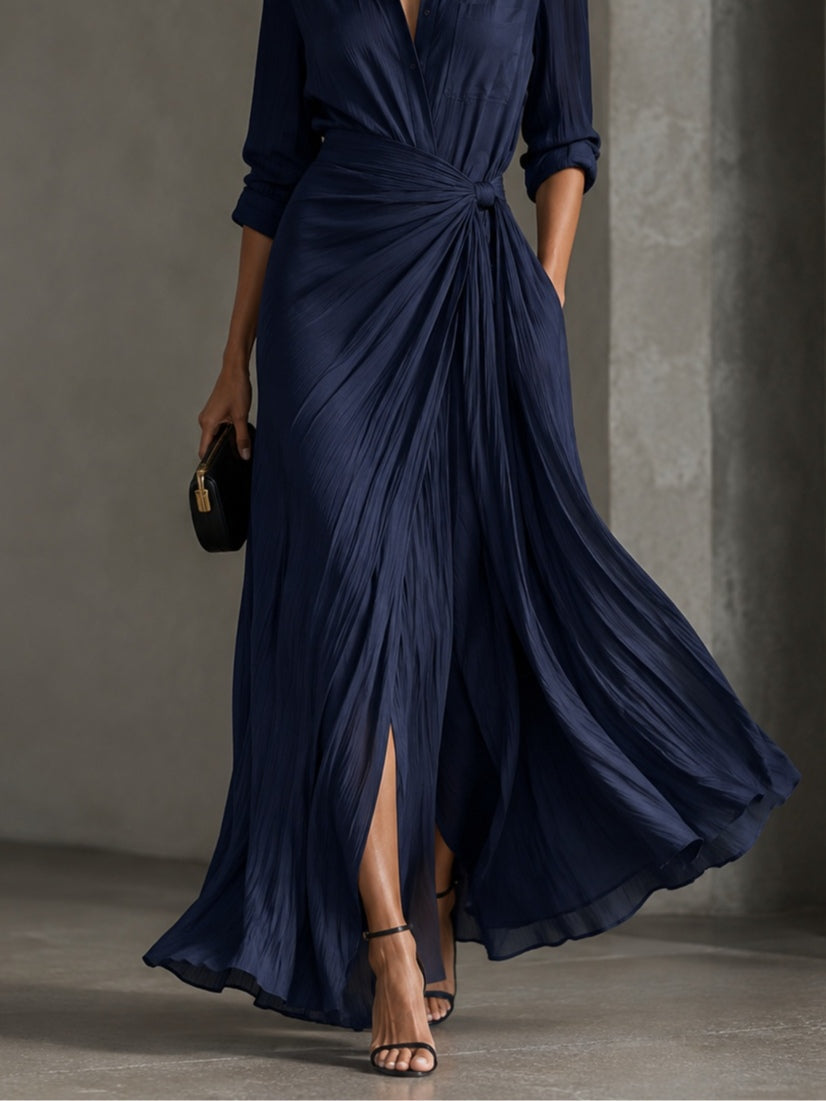 Gabriella - vestido camisero maxi azul marino anudado, vista 4