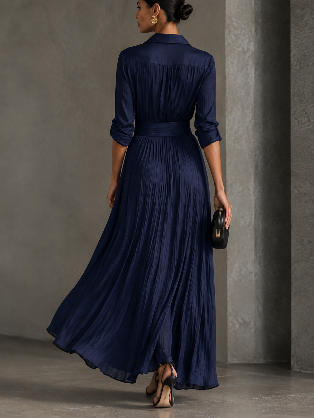 Gabriella - vestido camisero maxi azul marino anudado, vista 2