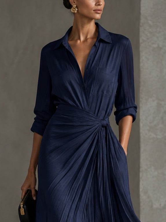 Gabriella - vestido camisero maxi azul marino anudado, vista 3