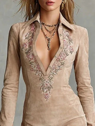 Elena — Abito midi in suede beige