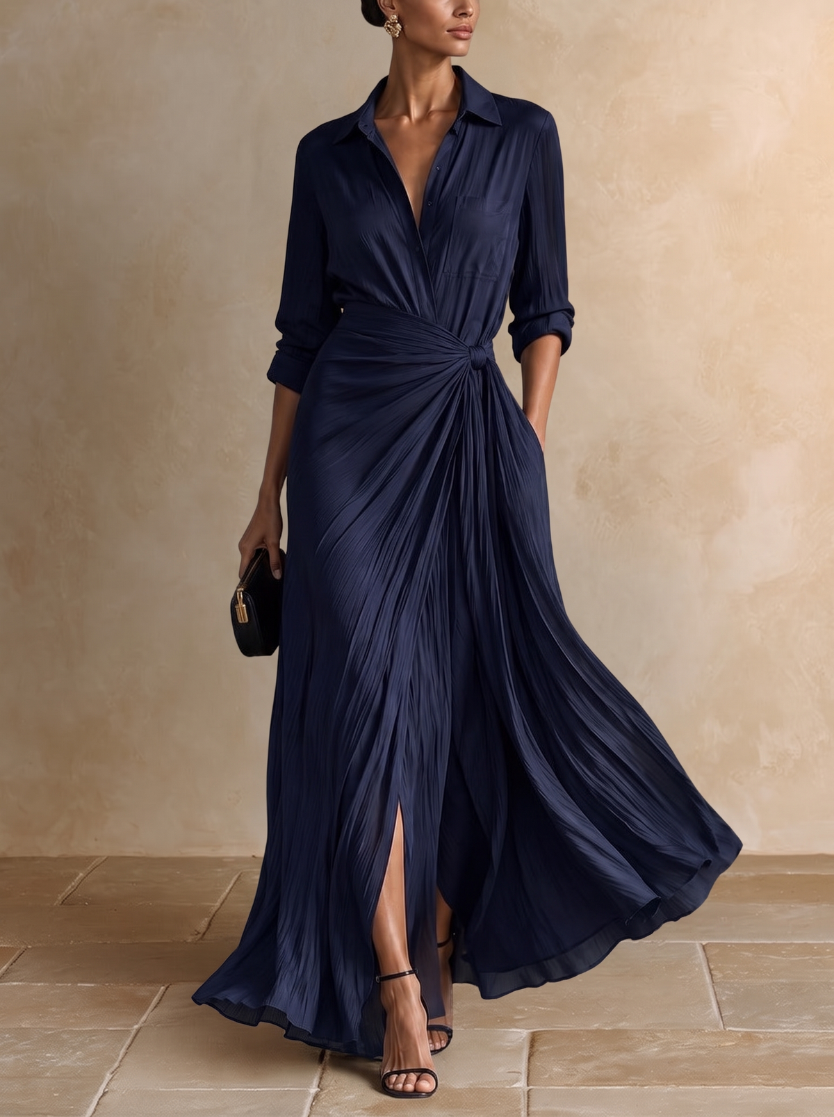 Gabriella - vestido camisero maxi azul marino anudado, vista principal
