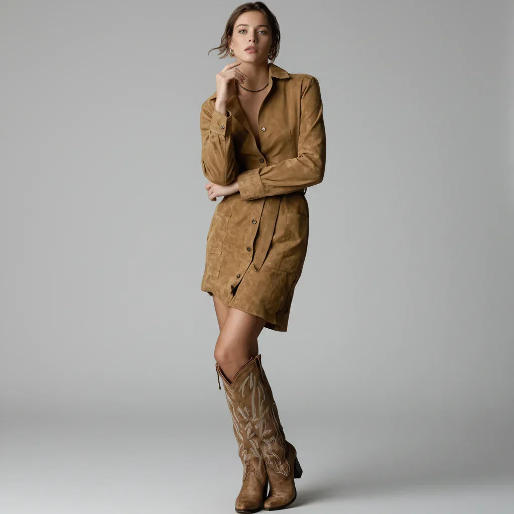Valeria — Vestido corto manga larga cuello solapa con cinturón, marrón